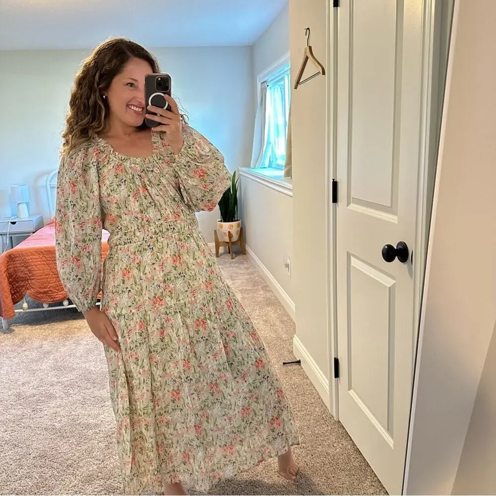 NWT THE GREAT. Floral Gray Pink Cotton Maxi Dress Large 3 - Picture 2 of 12